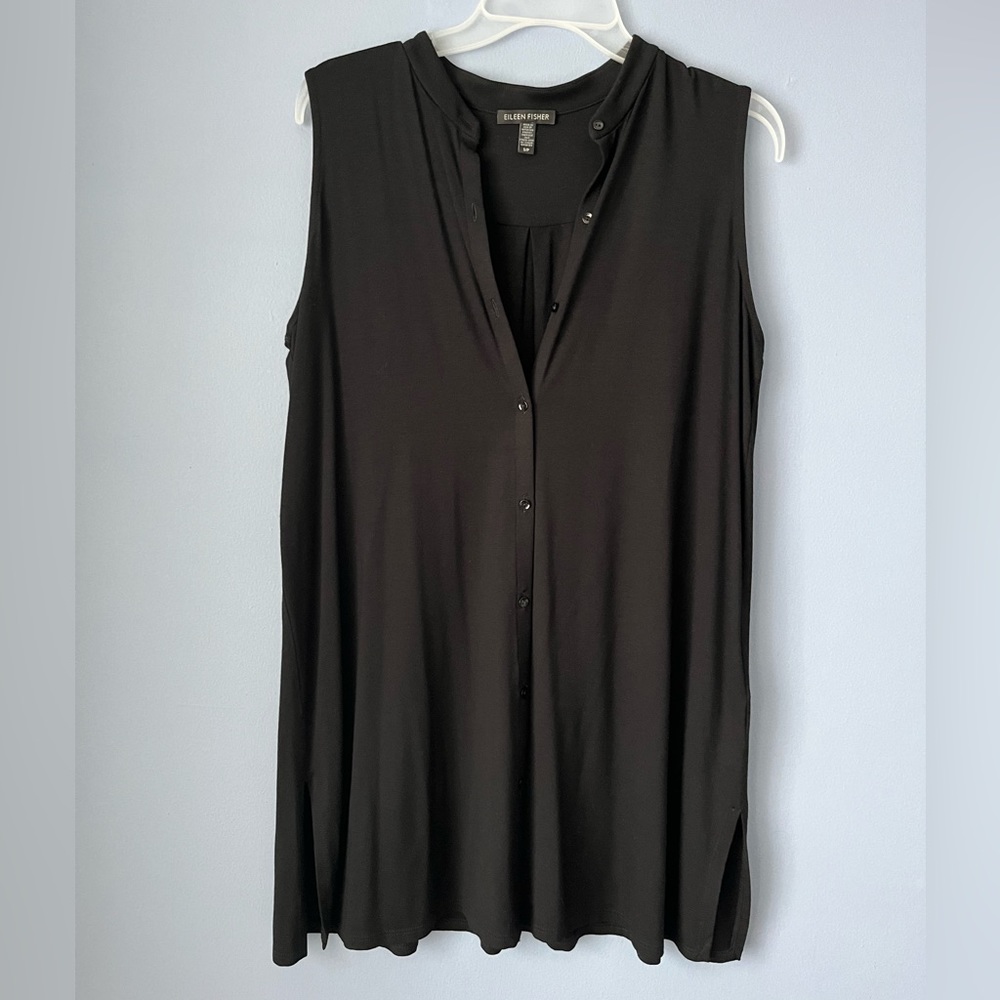 Eileen Fisher Button Up Sleeveless Jersey Knit Black Top Mandarin Collar Small
